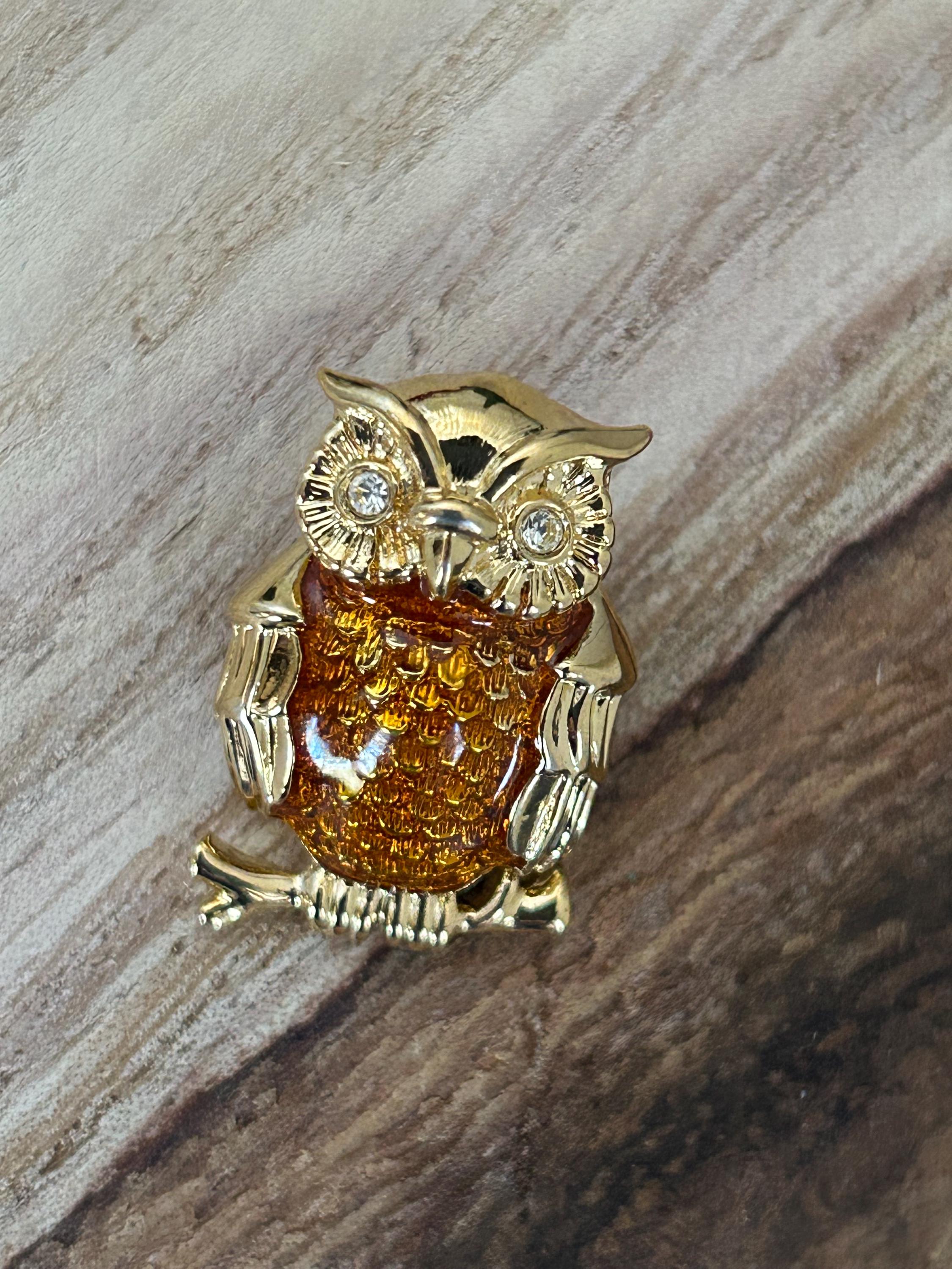 Vintage Avon Mini Amber Enamel Owl Lapel Pin