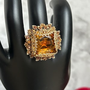 Vintage Florenza Citrine and Gold Filigree Cocktail Chunky Statement Adjustable Ring
