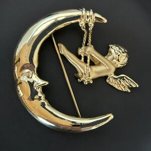 Vintage Danecraft Angel Swinging on the Moon Gold Tone Brooch - Etsy