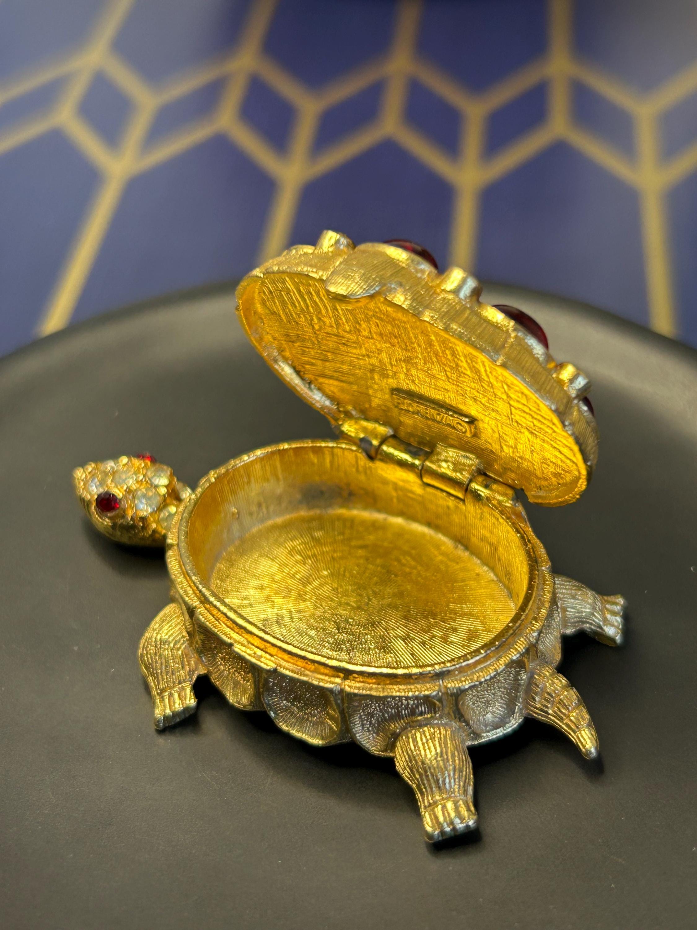 Vintage Florenza Turtle Trinket Pill Box: Ruby Rhinestone