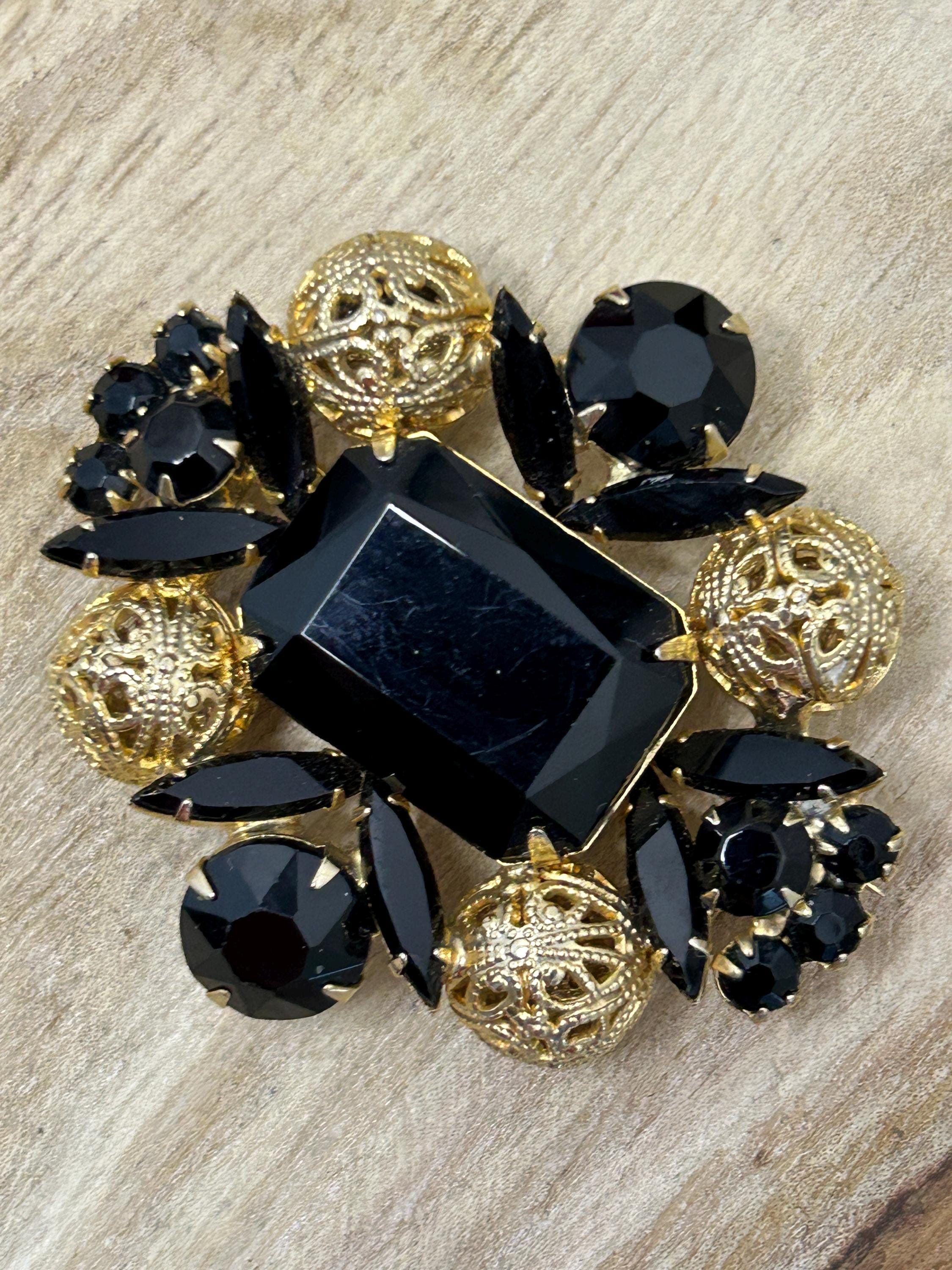 Vintage Juliana Jet Black Rhinestone and Filigree Ball Rectangular