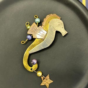 Vintage Artisan Copper, Brass, and Silver Seahorse Brooch