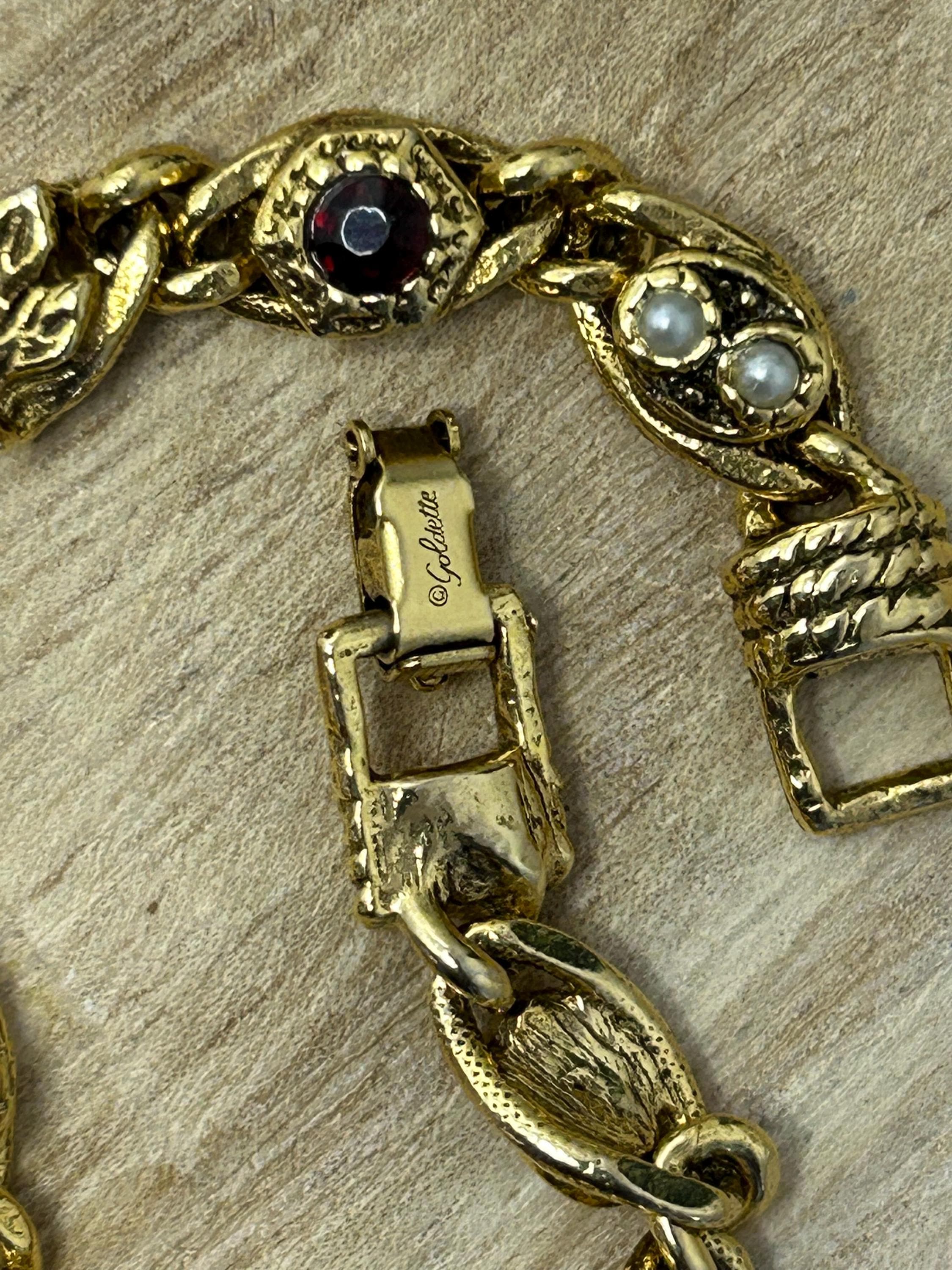 goldetteブレスレット Vintage Goldette Gold Tone Heart & Flower Seed Pearl Mesh