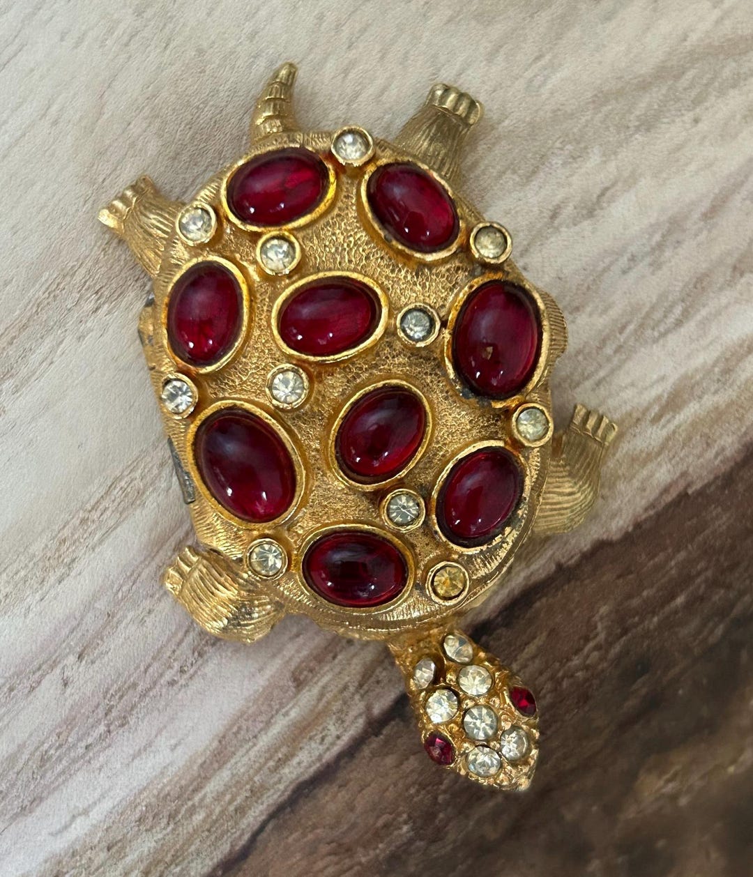 Vintage Florenza Turtle Trinket Pill Box: Ruby Rhinestone