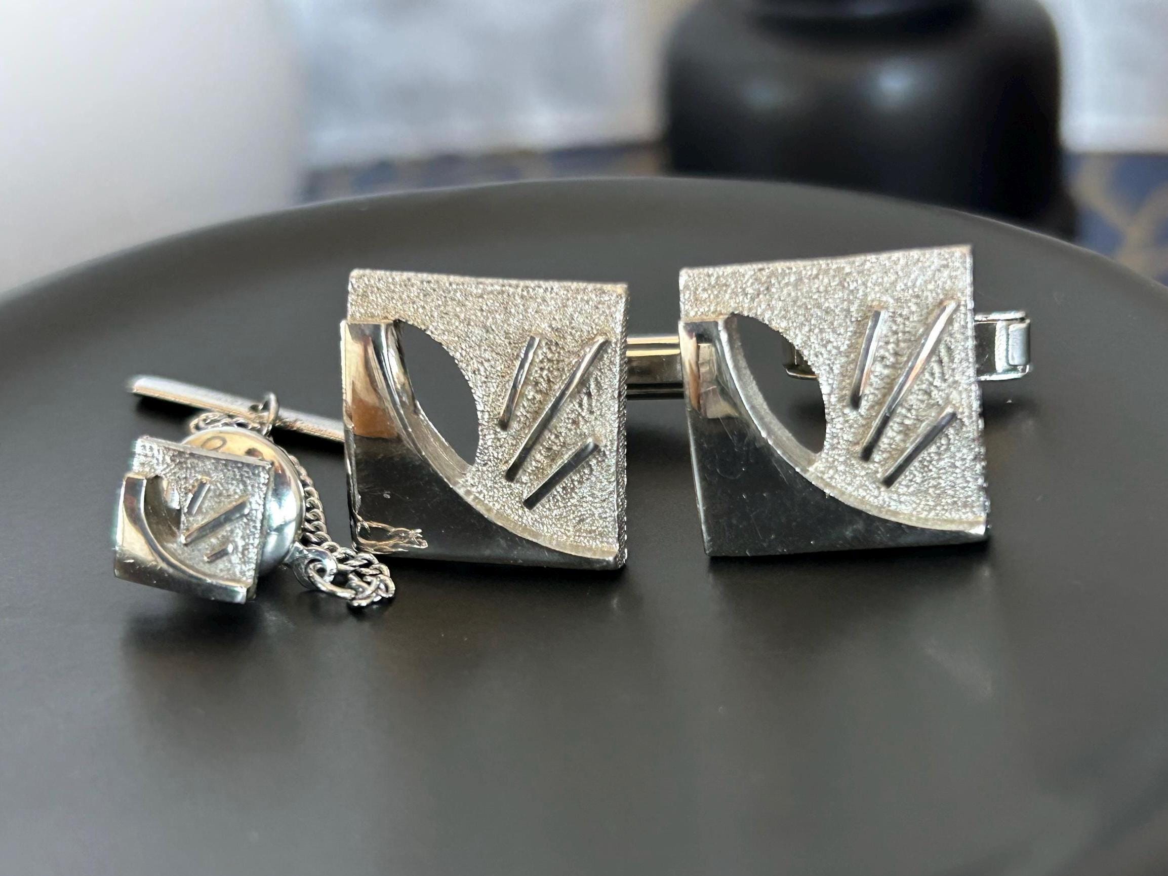 Vintage Schiaparelli Style Cufflink Tie Tack Set: Silver Tone