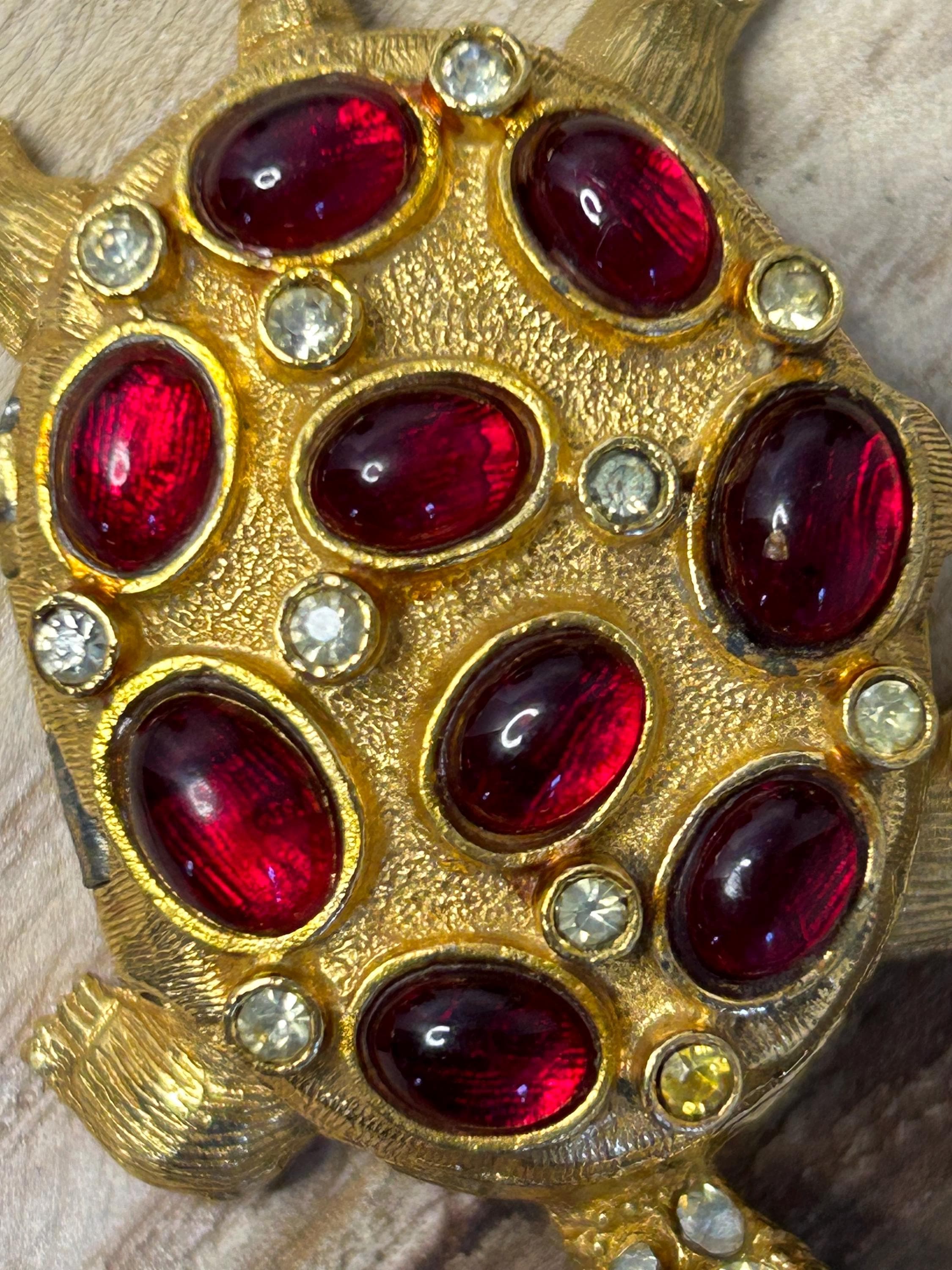 Vintage Florenza Turtle Trinket Pill Box: Ruby Rhinestone