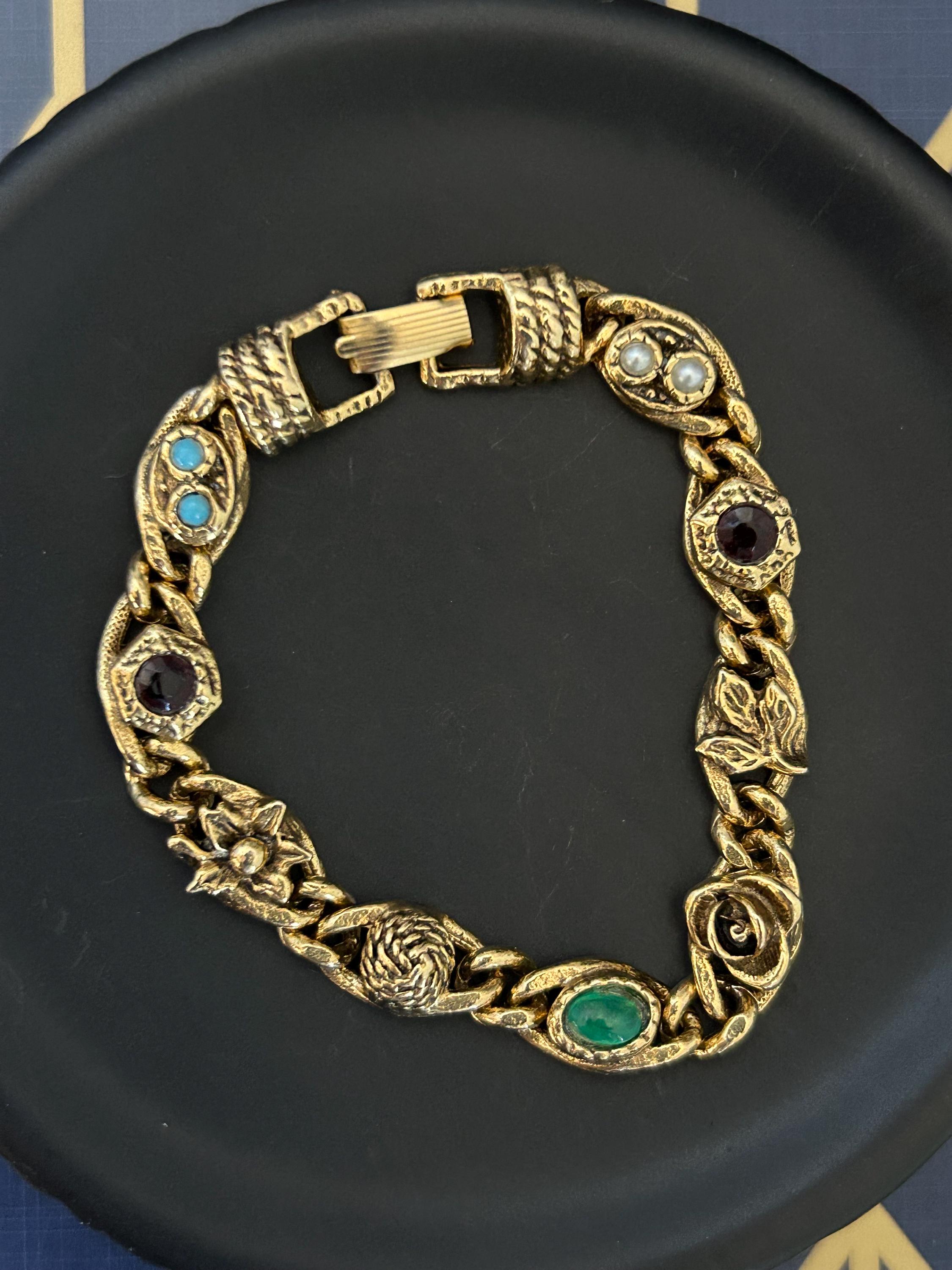 goldetteブレスレット Vintage Goldette Flower Link Bracelet With Faux Seed Pearl