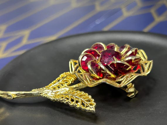Vintage Bezel Set Ruby Red Rhinestone Flower Broo… - image 14