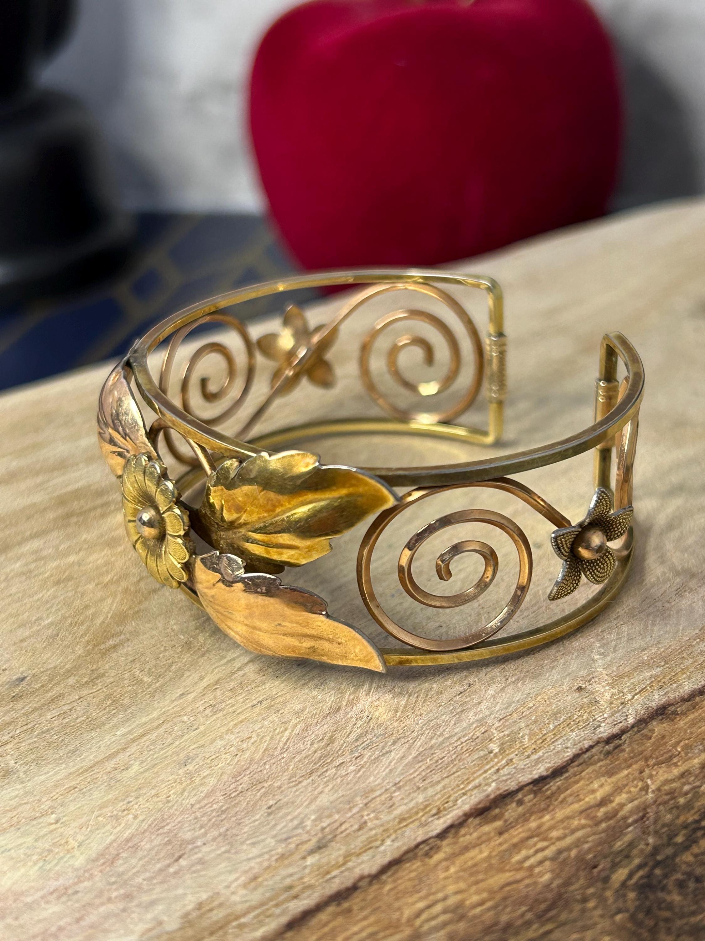 Vintage Krementz Floral Cuff Bracelet: Rose & Yellow Gold Filled