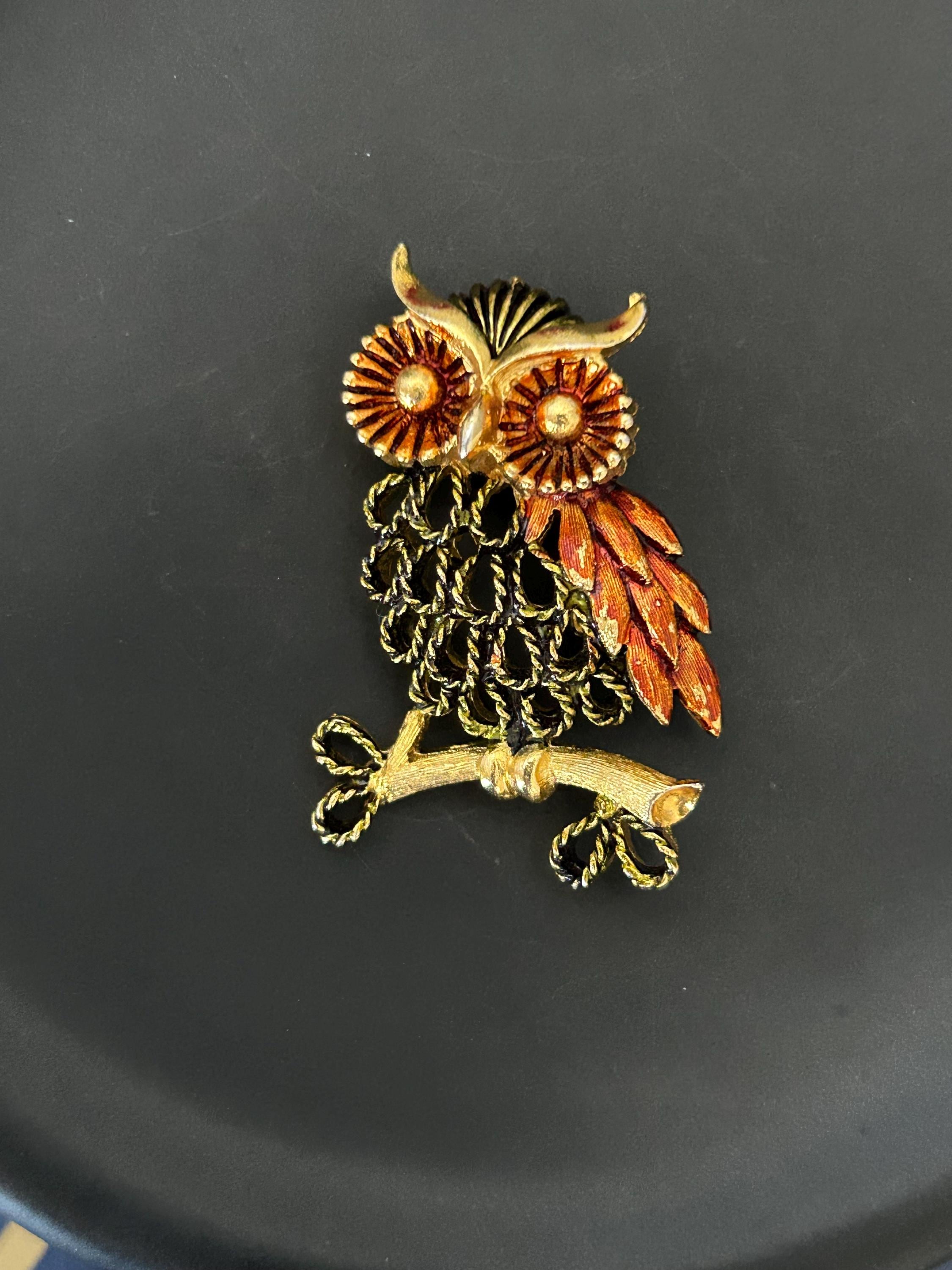 Vintage Mamselle Owl Brooch: Gold-Tone Metal & Brown Enamel