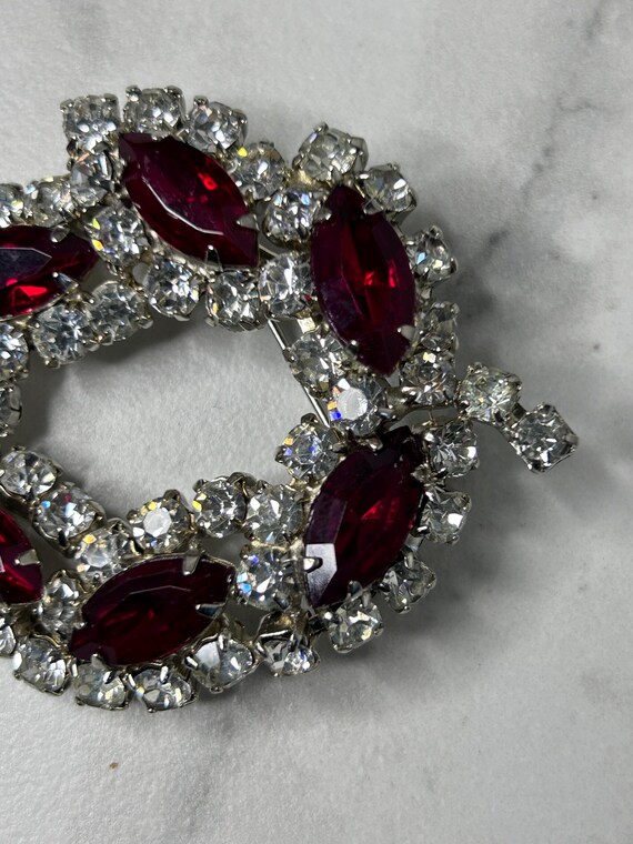 Vintage Ruby Red and Clear Rhinestone Leaf Brooch - image 13