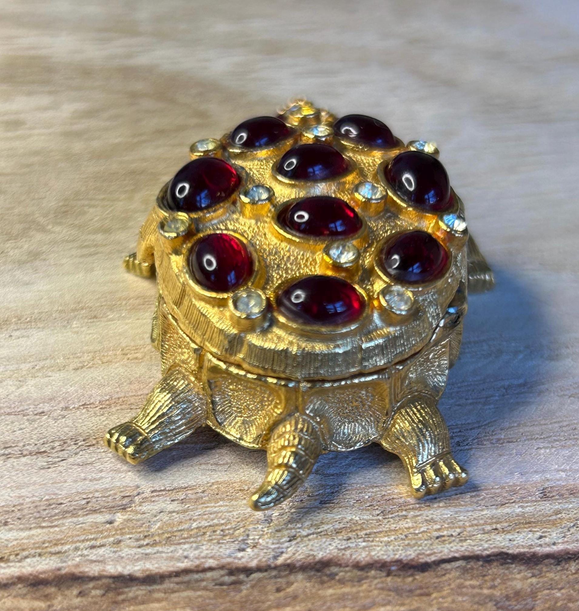 Vintage Florenza Turtle Trinket Pill Box: Ruby Rhinestone