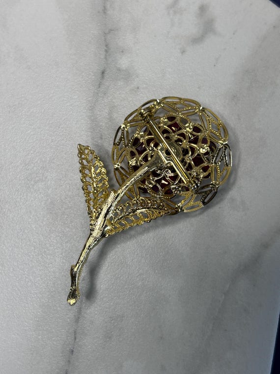 Vintage Bezel Set Ruby Red Rhinestone Flower Broo… - image 11