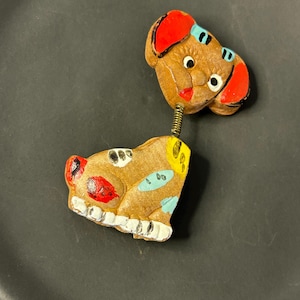 Vintage 1930s Handpainted Wood Bobble Head Dog Brooch