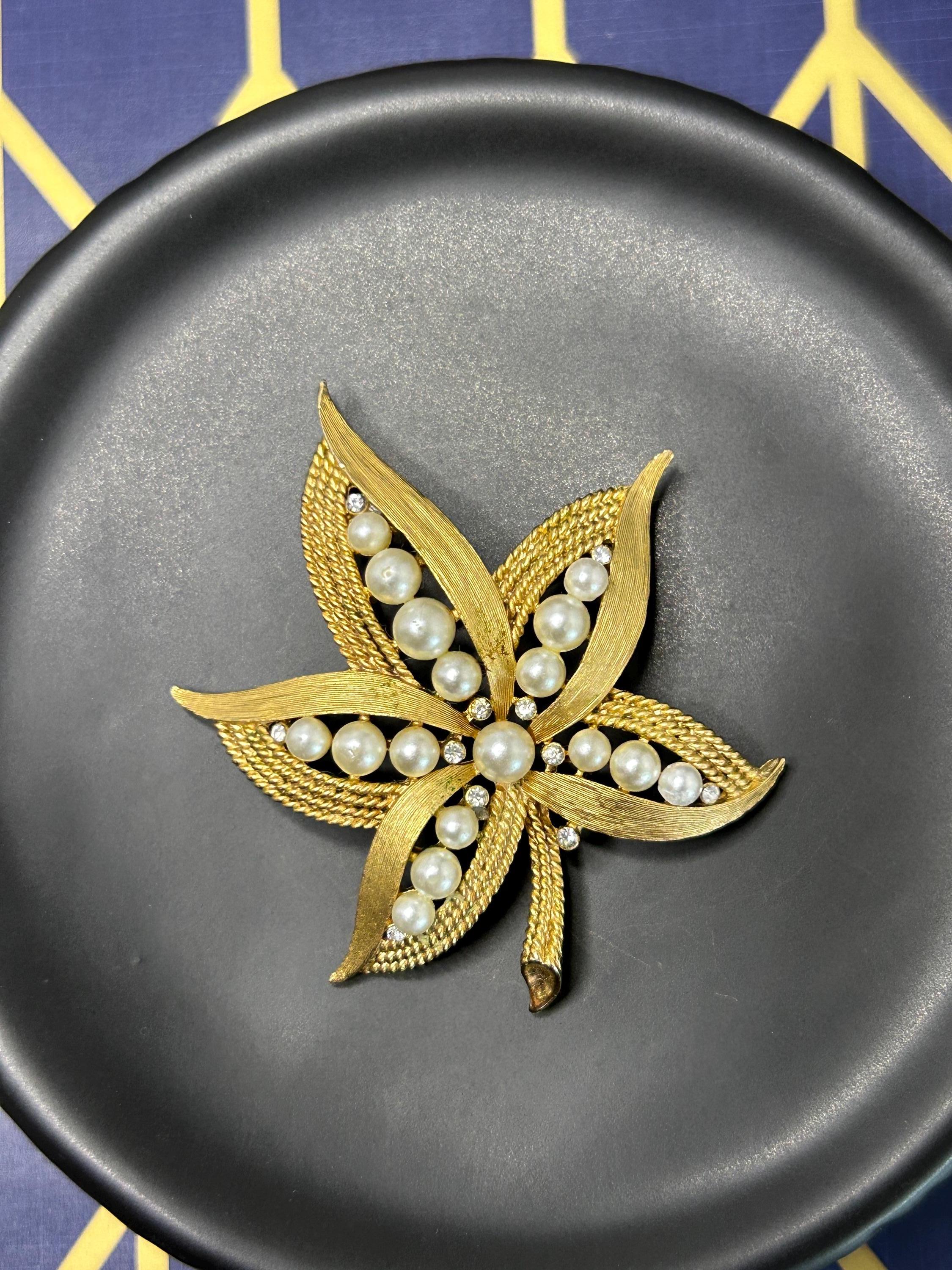 Vintage Crown Trifari Leaf Brooch With Pearls and Crystal