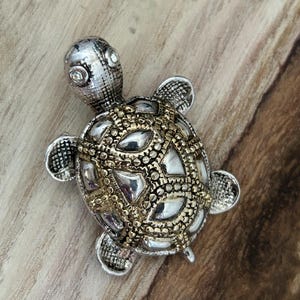 Vintage Silver and Gold Tone Metal Sea Turtle Brooch Pendant with Crystal Eyes