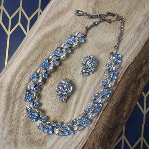 Vintage Lisner Blue Aurora Borealis Rhinestone Floral Necklace Earring Set