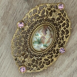 Modern Vintage Style Painted Enamel Brooch with Gold Filigree