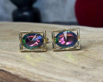Gemelos rectangulares vintage de cristal y tono dorado con diseño de sandía arcoíris de Vitrail Rivoli.