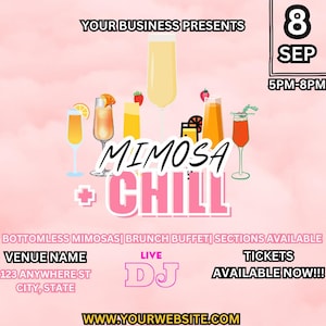 Editable Flyer Template, Mimosa and Chill, Brunch, Lounge Flyer, Summer Event, Luxury