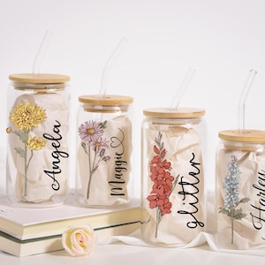 Personalized Birth Flower Tumbler With Name, Coffee Cup, Birthday Gift, Birth Flower Glass, Gifts for Her, Bridesmaid Proposal, Party Favor