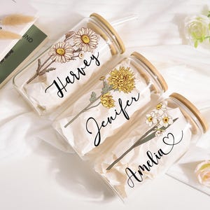 Custom Glass Coffee Cup, Personalized Birth Flower Tumbler With Name, Gifts for Her, Bridesmaid Proposal Gift, Party Favor, Birthday Gift