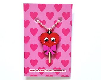 Cute Candy Necklace - Pink Lollypop Necklace - Pink Heart Necklace - Mothers Day 2023