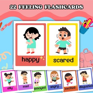 22 flashcards de sentimentos/flashcards imprimíveis/planilha para crianças/atividades pré-escolares/vocabulário divertido e envolvente/emoções