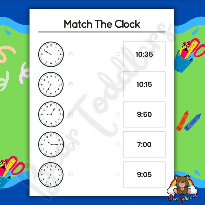 20 MATCH THE CLOCK Worksheet/ Clock Learning Pages, Learn to Tell Time ...