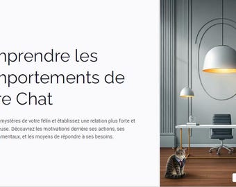 Op de afbeelding: Een moderne witte en gouden hanglamp hangt boven een wit bureau met een zwarte bureaustoel. Een kat zit op de vloer voor het bureau. De tekst "Comprendre les Comportements de Votre Chat" is zichtbaar aan de linkerkant van de afbeelding.
