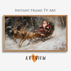 Frame TV Art Vintage Santa Sleigh Deer | Festive Holiday tv Art | Winter TV Art | Xmas tv | Santa And Reindeer Painting | Country Christmas