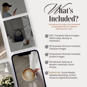 Op de afbeelding: Een checklist van wat er in een social media brandingpakket zit. De checklist bevat meer dan 230 gezichtsloze stockfoto's, 80 gezichtsloze lifestyle-foto's van zakenvrouwen, 50 gezichtsloze profielfoto's van zakenvrouwen, 109 neutrale, natuurlijke en moderne esthetische stockfoto's. De tekst geeft aan dat dit pakket perfect is voor social media, website branding, online winkels en digitale bedrijven.