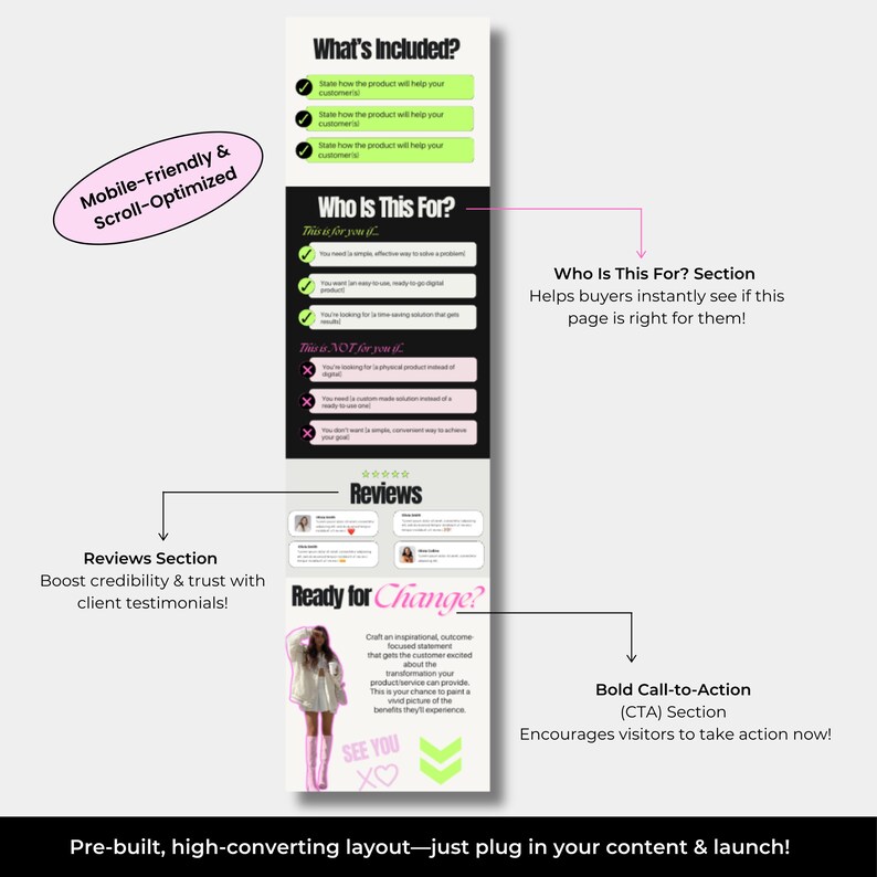 May include: A graphic design template for an online store landing page. The template features a green and black color scheme with a bold call to action. The text on the template includes "What's Included?", "Who Is This For?", "Reviews", "Ready for Change?", "See You", and "Pre-built, high-converting layout-just plug in your content & launch!"