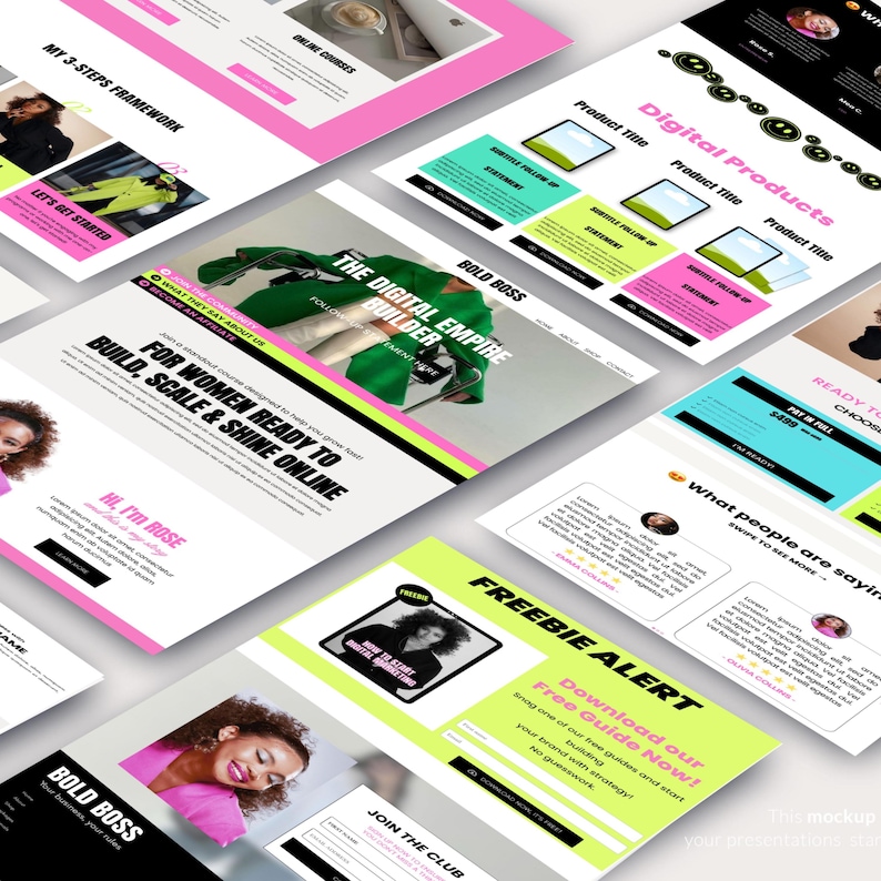 Op de afbeelding: Een website-landingspagina met een roze en groene kleurschema. De pagina toont een vrouw met een felroze shirt en een groene achtergrond. De tekst op de pagina bevat "Bold Boss", "The Digital Empire Builder", "For Women Ready to Build, Scale & Shine Online" en "Free Guide Now!"