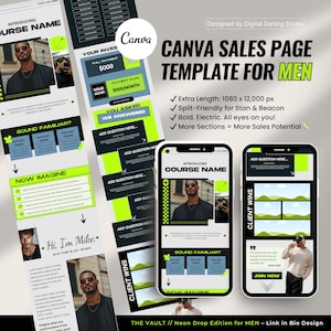 May include: A Canva sales page template for men, featuring a neon green and black design. The template includes sections for course names, investment details, and client testimonials. The design is split-friendly and electric.