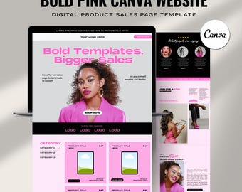 Modelo de site Canva em rosa ousado: vitrine de produtos digitais de 1 página, página de vendas em negrito, página de destino editável para criadores, ofertas digitais