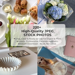 May include: A collage of images showcasing a variety of stock photos. The images include a plate of pastries, a bouquet of blue flowers, a white bowl, a passport, and a magazine with a glass of ice water. The text "220+ High-Quality JPEG STOCK PHOTOS" is displayed in a white box.