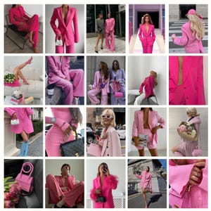 May include: A collage of images featuring women wearing pink blazers and pantsuits. The images showcase different styles and poses, with some women holding handbags or flowers. The overall theme is fashion and style.