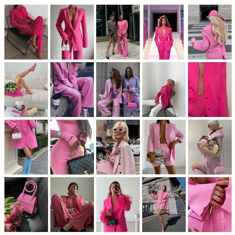 May include: A collage of images featuring women wearing pink blazers and pantsuits. The images showcase different styles and poses, with some women holding handbags or flowers. The overall theme is fashion and style.
