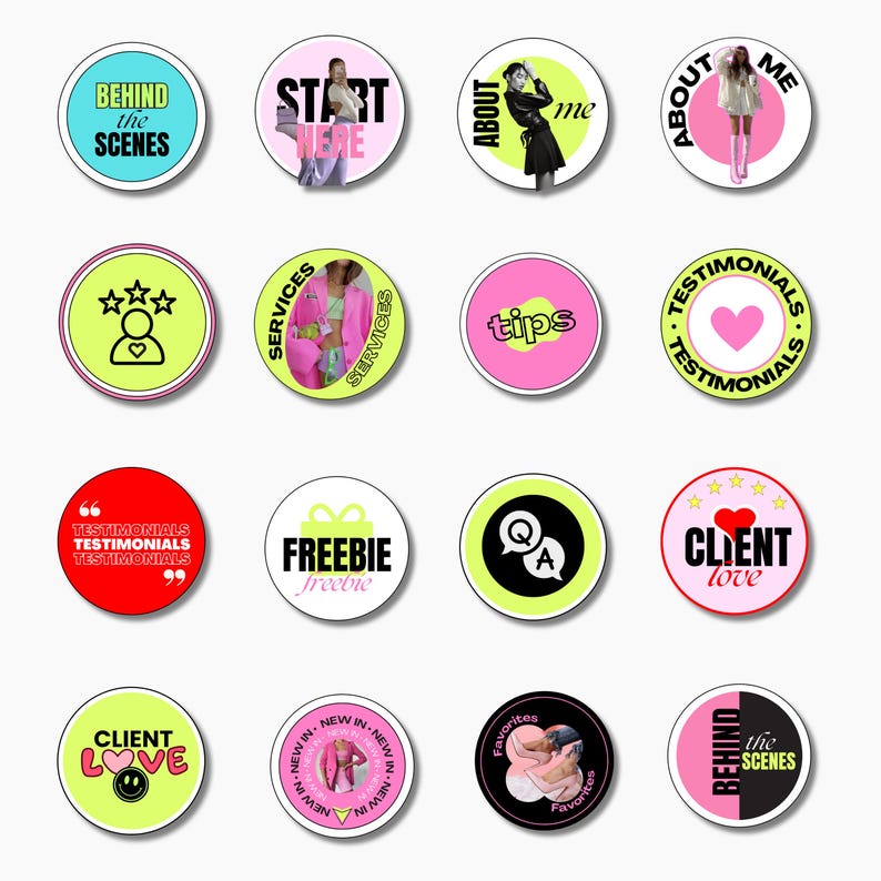 May include: A collection of sixteen circular social media highlight icons featuring various designs, including text like Behind the Scenes, Start Here, About Me, Services, Tips, Testimonials, Freebie, Q&A, Client Love, New In, and Favorites with colorful graphics.