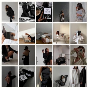 Op de afbeelding: Een collage van afbeeldingen met vrouwen in verschillende settings, waaronder een vrouw in een zwart blazer, een vrouw die aan een laptop werkt, een vrouw die een kop koffie vasthoudt en een vrouw die een tijdschrift leest. De afbeeldingen zijn allemaal in zwart-wit en hebben een minimalistische esthetiek.