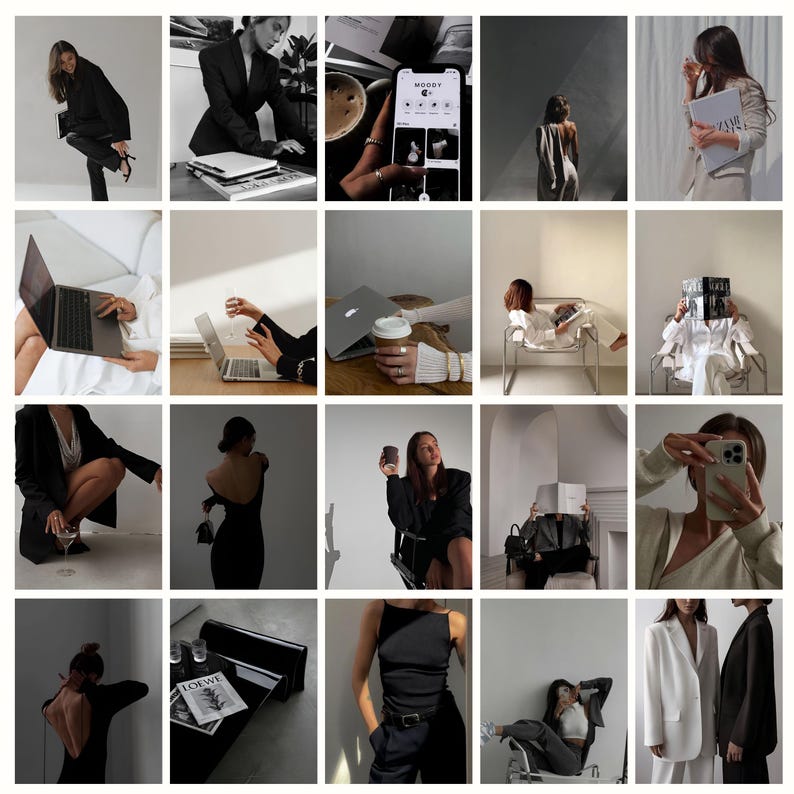 Op de afbeelding: Een collage van afbeeldingen met vrouwen in verschillende settings, waaronder een vrouw in een zwart blazer, een vrouw die aan een laptop werkt, een vrouw die een kop koffie vasthoudt en een vrouw die een tijdschrift leest. De afbeeldingen zijn allemaal in zwart-wit en hebben een minimalistische esthetiek.