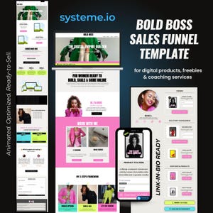 May include: A digital sales funnel template for systeme.io featuring a laptop and smartphone display. The design includes pink and black color schemes, text headers like BOLD BOSS SALES FUNNEL TEMPLATE, and sections for coaching services, freebies, and digital products.