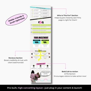 May include: A website landing page design template with a pink and yellow colour scheme. The template includes sections for a call to action, reviews, pricing, and an FAQ. The text on the page includes "Your Investment", "Pay in Full &pound;499", "Payment Plan &pound;199", "What people are saying", "Your Next Step", "Bold Call-to-Action (CTA) Section", and "Encourages visitors to take action now!"