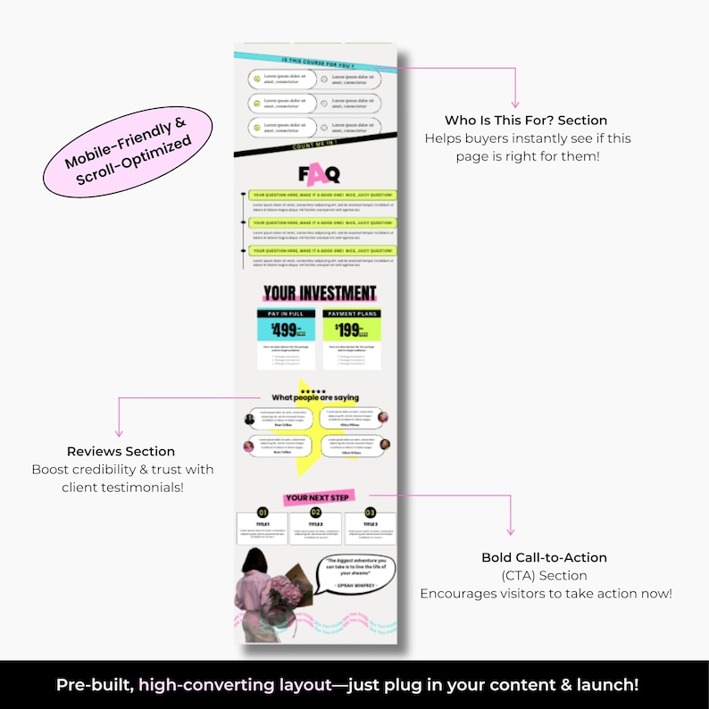 May include: A website landing page design template with a pink and yellow colour scheme. The template includes sections for a call to action, reviews, pricing, and an FAQ. The text on the page includes "Your Investment", "Pay in Full &pound;499", "Payment Plan &pound;199", "What people are saying", "Your Next Step", "Bold Call-to-Action (CTA) Section", and "Encourages visitors to take action now!"