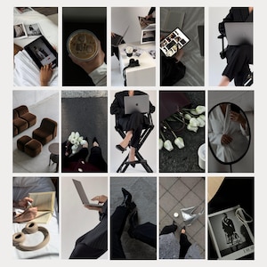 May include: A collage of images featuring various lifestyle and fashion elements, including a laptop, a cup of coffee, a bouquet of white flowers, a pair of black shoes, a book, a pair of headphones, and a magazine with the word "DIOR" on the cover.