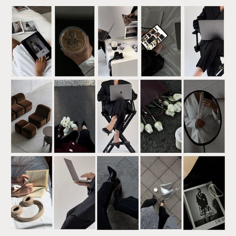 May include: A collage of images featuring various lifestyle and fashion elements, including a laptop, a cup of coffee, a bouquet of white flowers, a pair of black shoes, a book, a pair of headphones, and a magazine with the word "DIOR" on the cover.