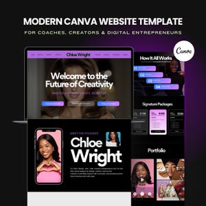 May include: A digital website template for Canva featuring a dark theme with purple accents. The layout displays a hero section with the text Welcome to the Future of Creativity, a Meet the Founder section for Chloe Wright, and a portfolio grid.