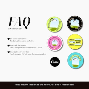 May include: FAQ ANSWERED text with Canva information and five circular icons featuring landscape graphics and text including SERVICES, FAVORITES, NEW IN, COURSE NAME, and the Canva logo. Bottom text reads NEED HELP? MESSAGE US THROUGH ETSY MESSAGES.