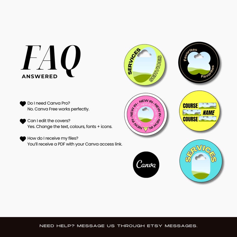 May include: FAQ ANSWERED text with Canva information and five circular icons featuring landscape graphics and text including SERVICES, FAVORITES, NEW IN, COURSE NAME, and the Canva logo. Bottom text reads NEED HELP? MESSAGE US THROUGH ETSY MESSAGES.